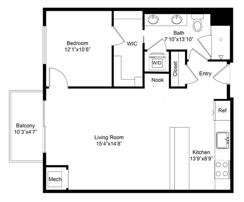 Floor plan for 1 bed, 1 bath, 814 sqft